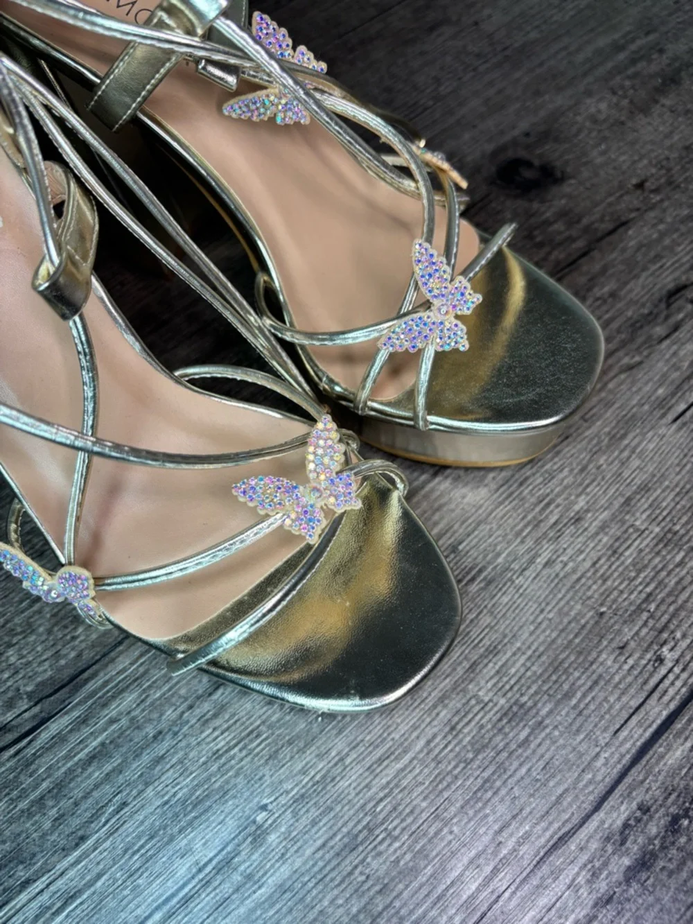 Iridescent Butterfly Gold Platform Lace-Up Heels Sz 6.5 Chunky Heel TOP Moda